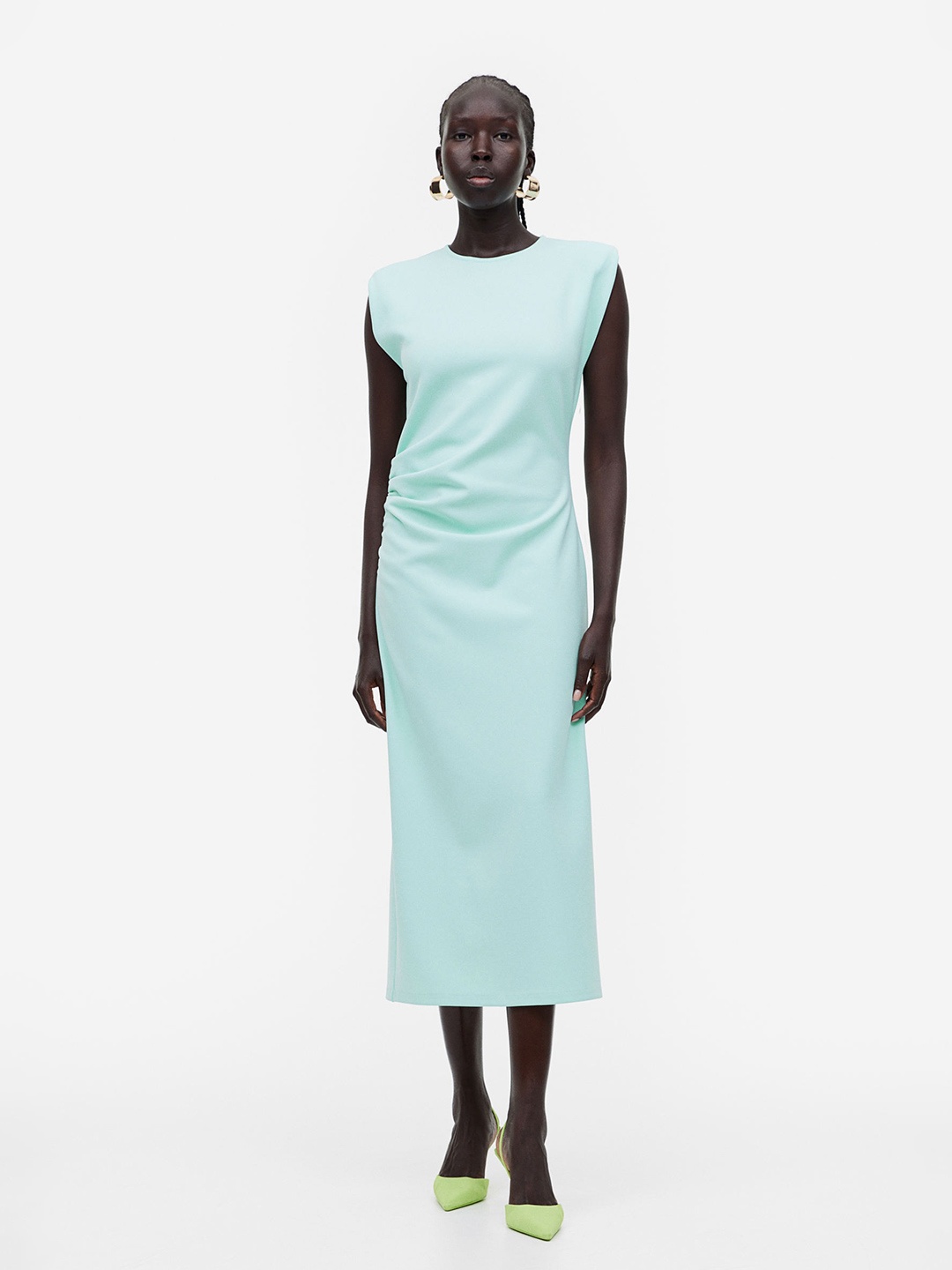 

H&M Draped Shoulder-Pad Dress, Turquoise blue