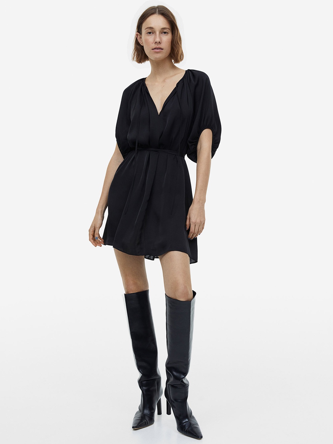 

H&M Tie-Detail Satin Dress, Black