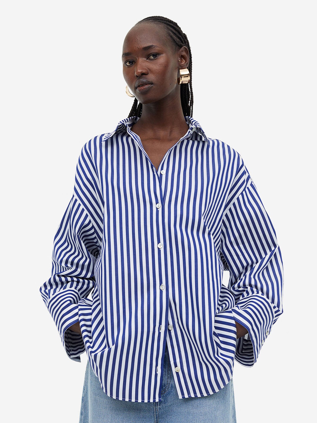 

H&M Women Oversized Cotton Shirt, Blue