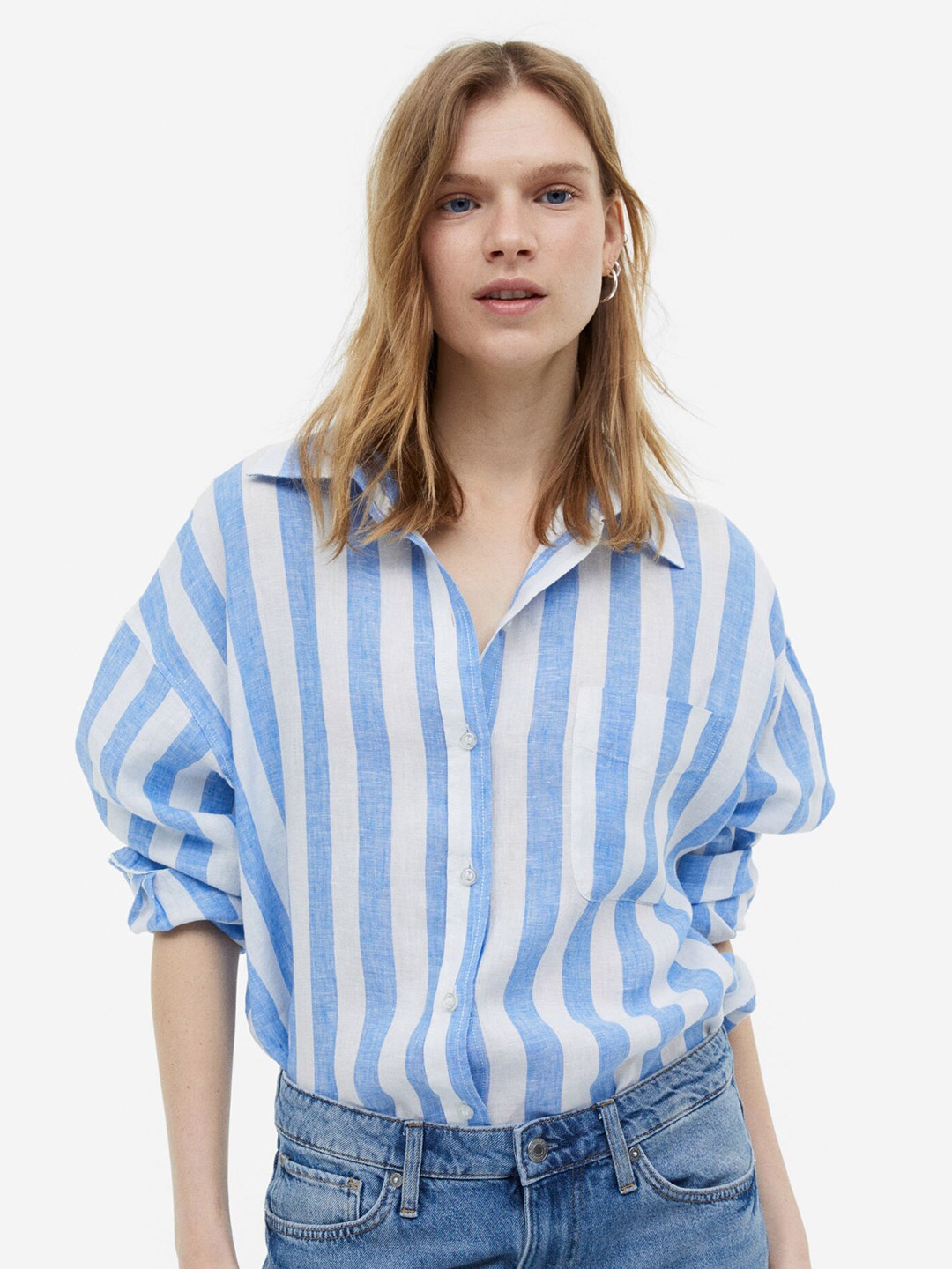 H&M Women Oversized Linen Shirt, Blue