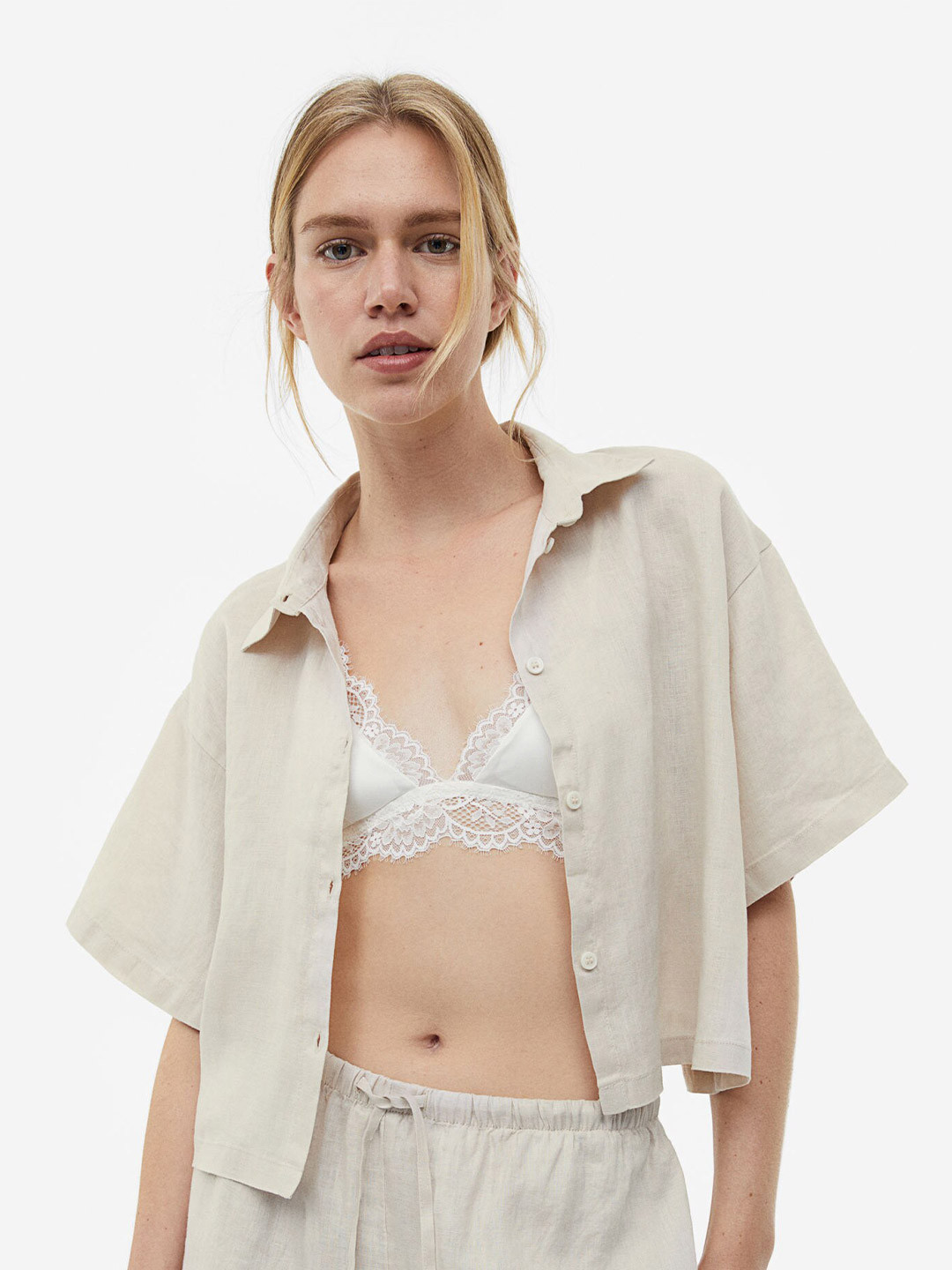

H&M Women Cropped Linen Shirt, Beige