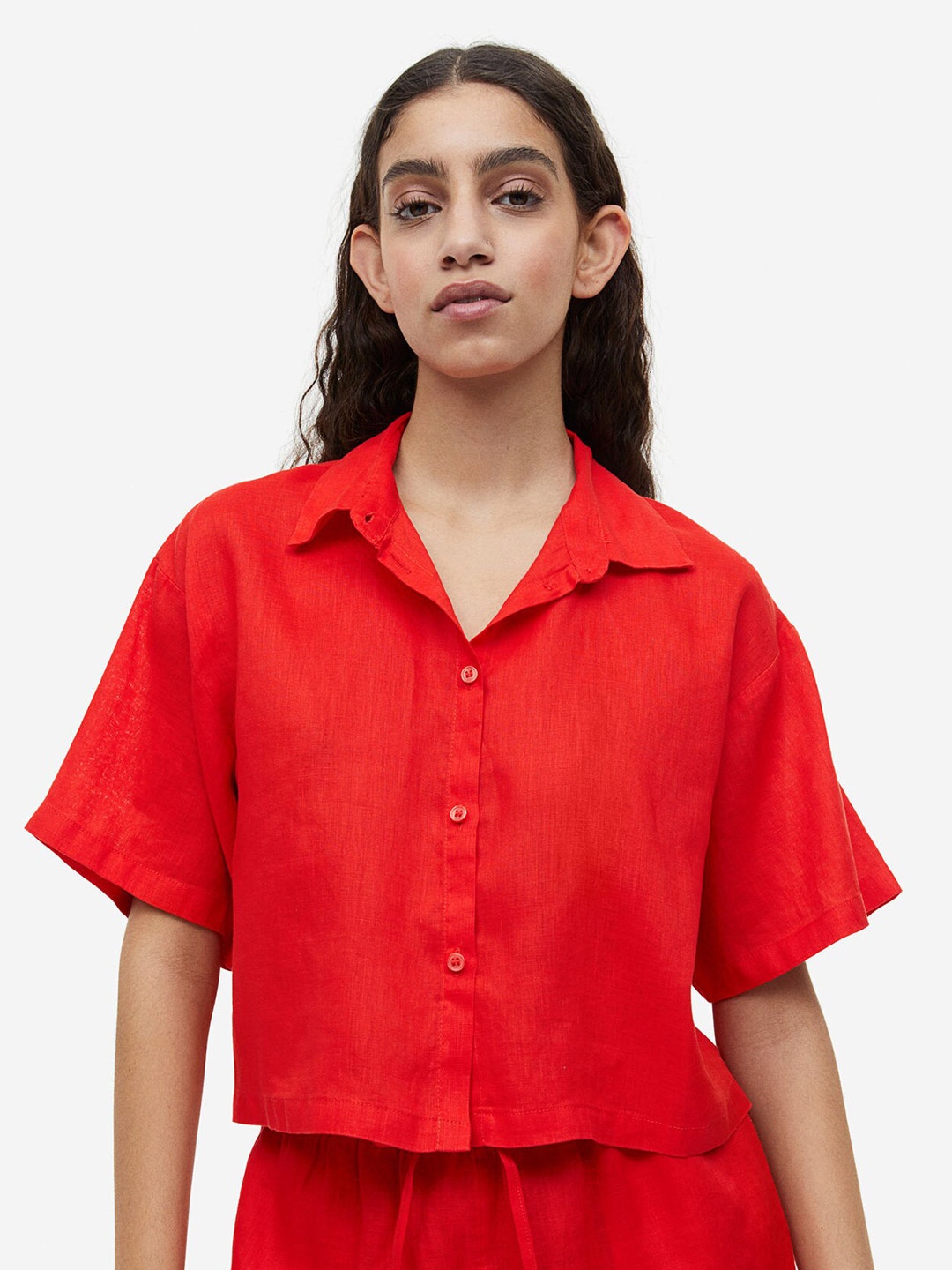 

H&M Women Cropped Linen shirt, Orange