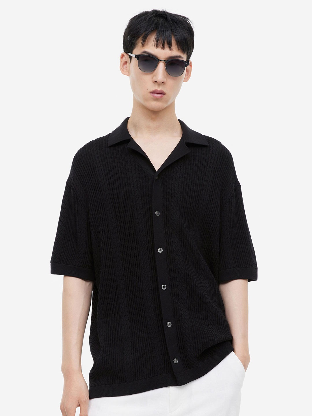

H&M Men Regular Fit Textured-Knit Resort Shirt, Black