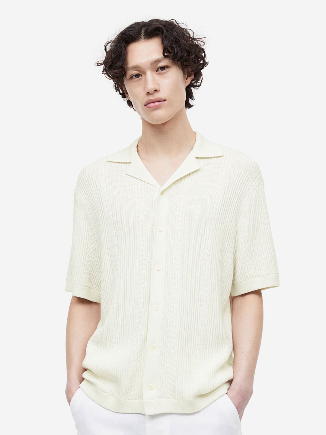 

H&M Men Regular Fit Textured-Knit Resort Shirt, Off white