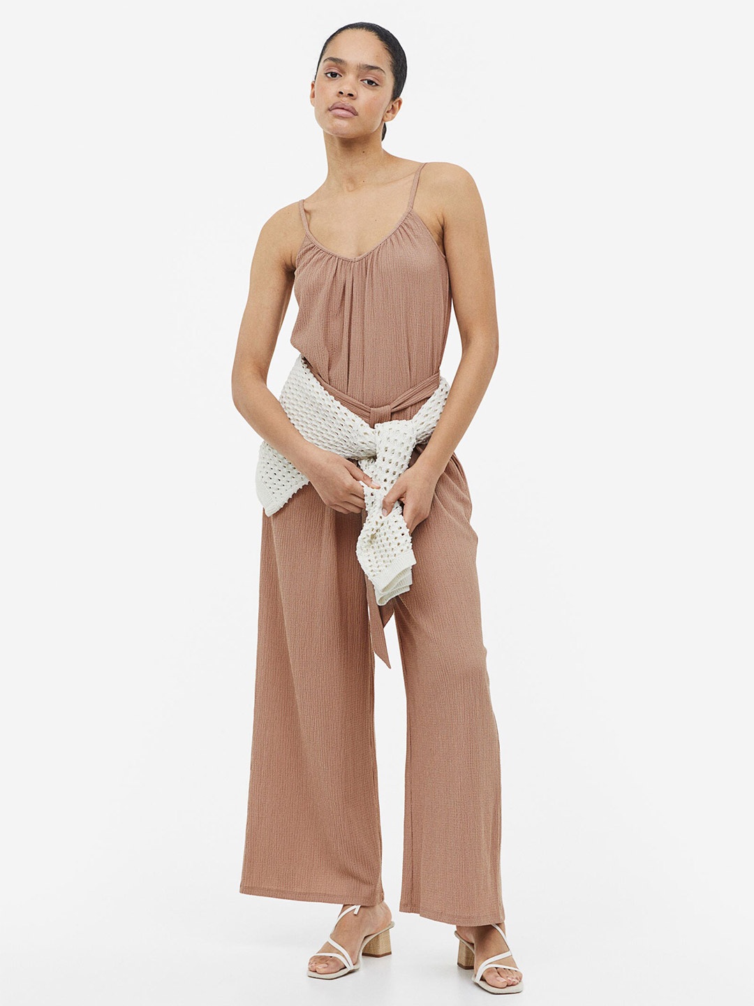 

H&M Tie-Belt Jersey Jumpsuit, Beige