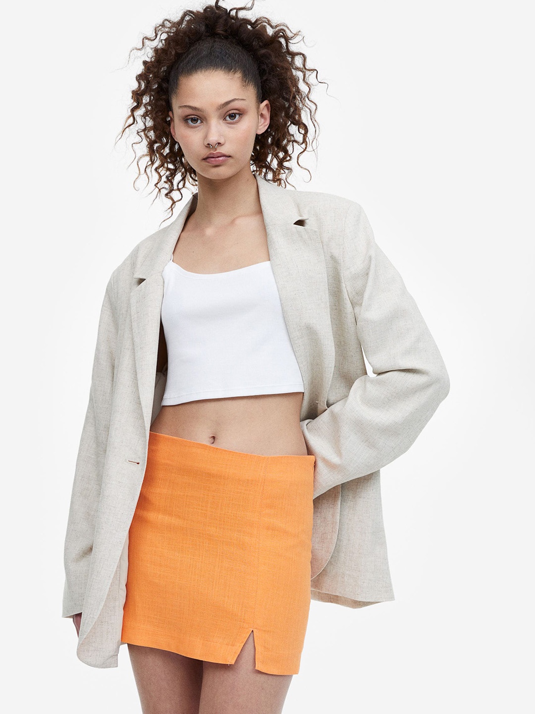 

H&M Linen-Blend Mini Skirt, Orange