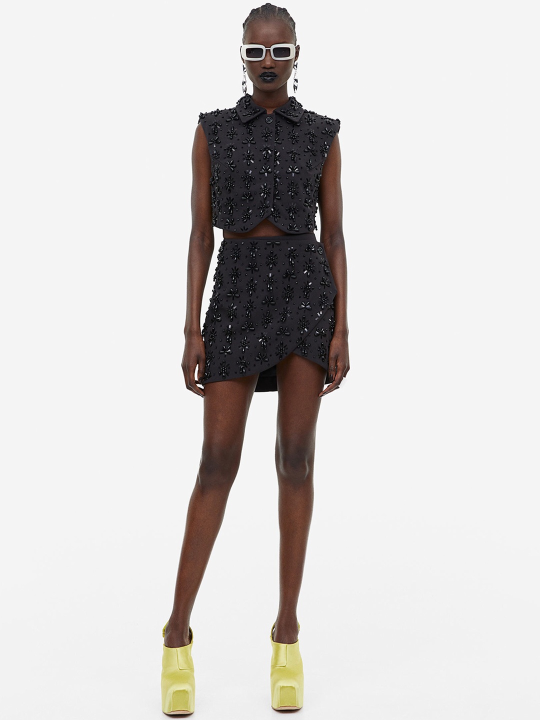 

H&M Beaded Twill Wrap Skirt, Black