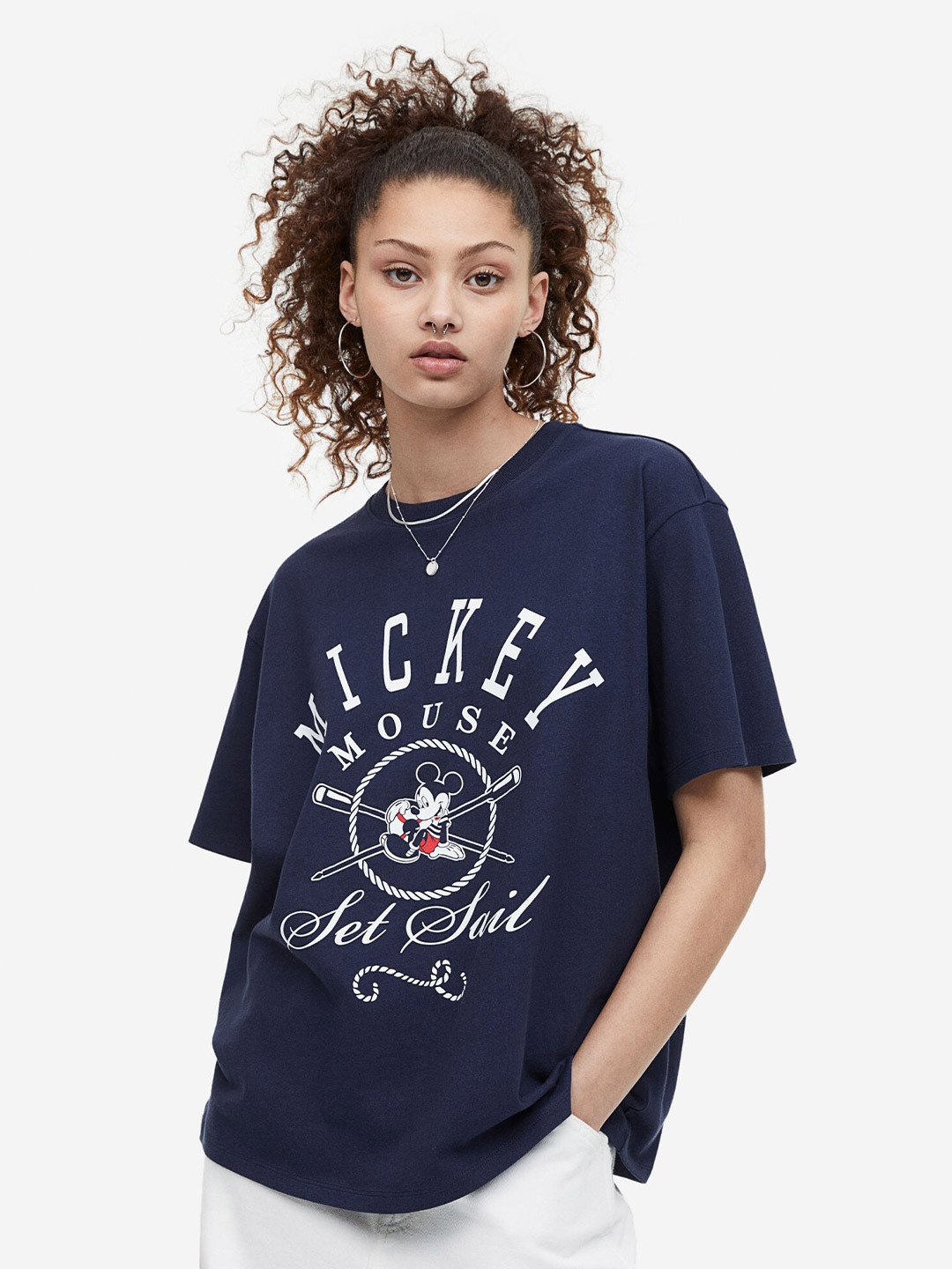

H&M Women Oversized Mickey Mouse Printed T-shirt, Navy blue