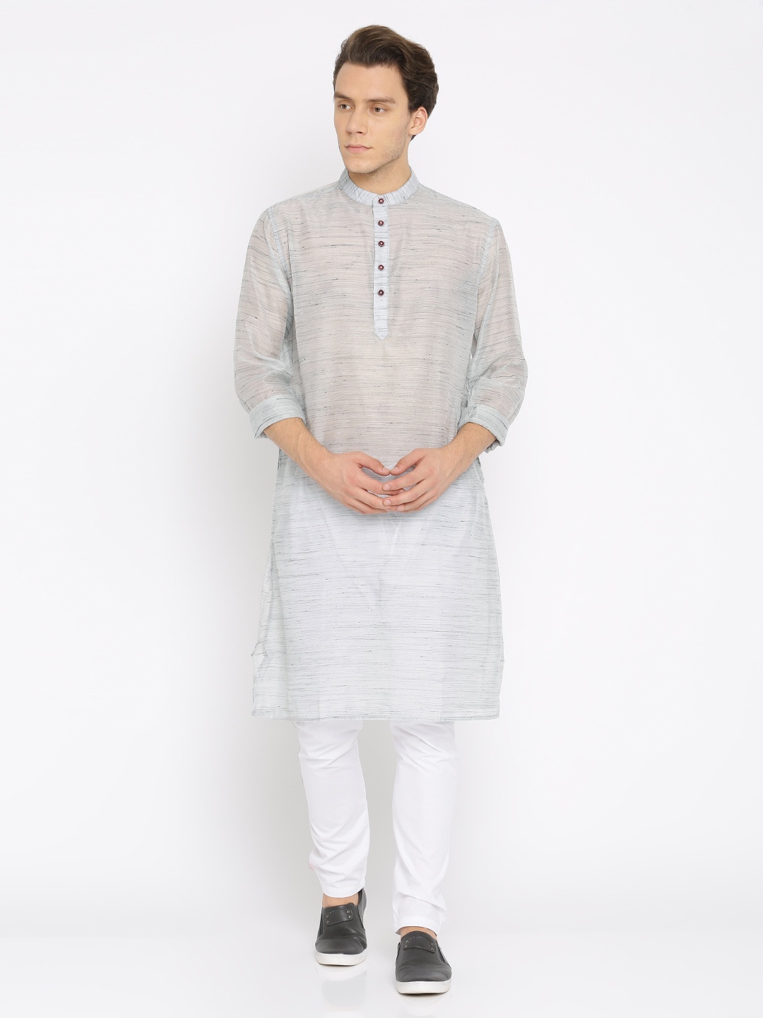 

Freehand Men Grey & White Self Design Kurta with Pyjamas