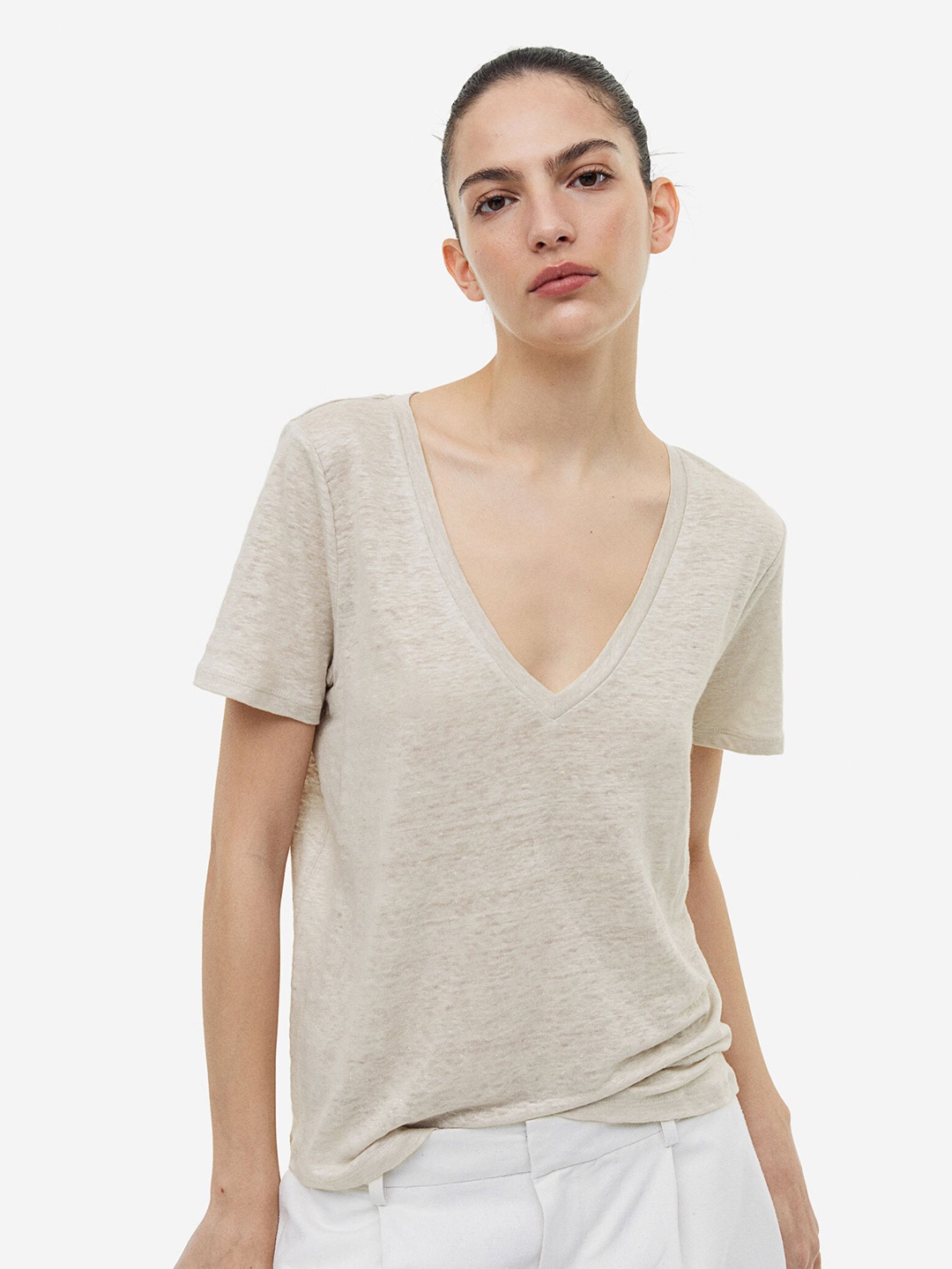 

H&M Women Linen T-shirt, Beige