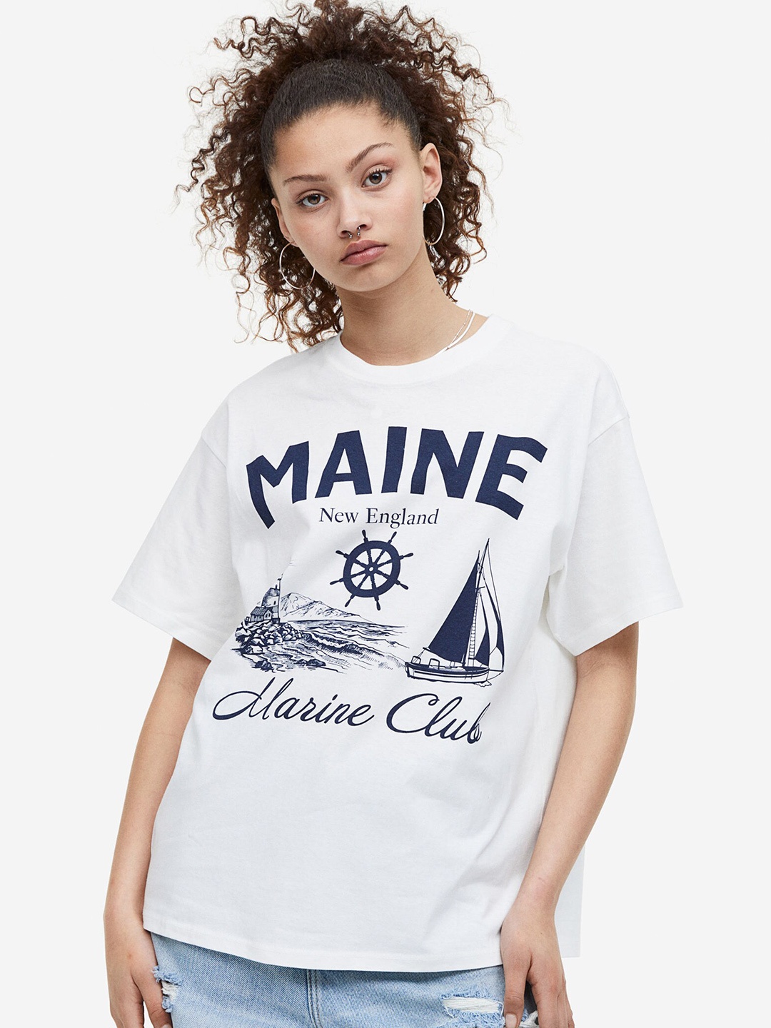 

H&M Women Oversized Printed T-Shirt, White