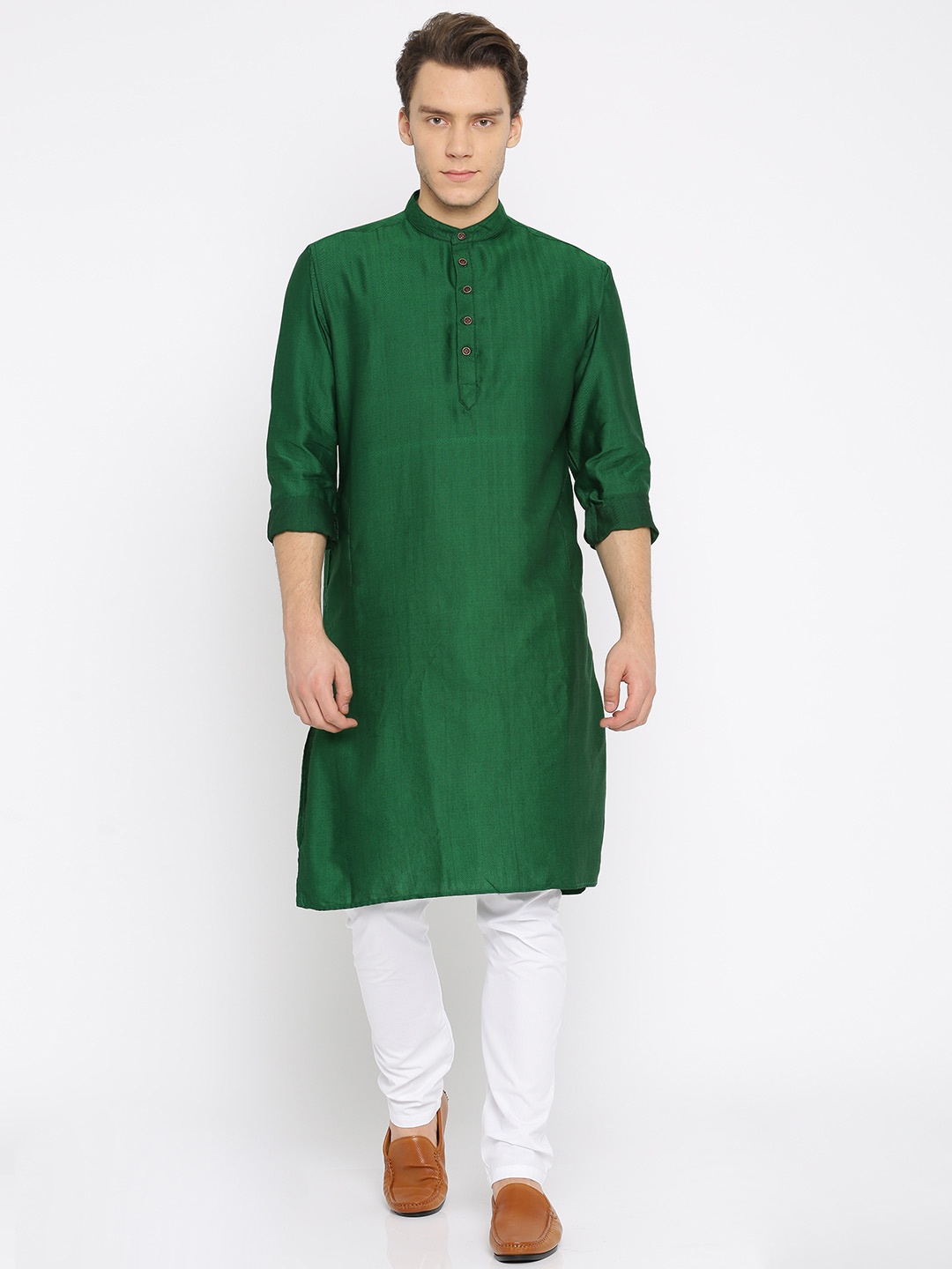 

Freehand Men Green & White Self Design Kurta with Pyjamas