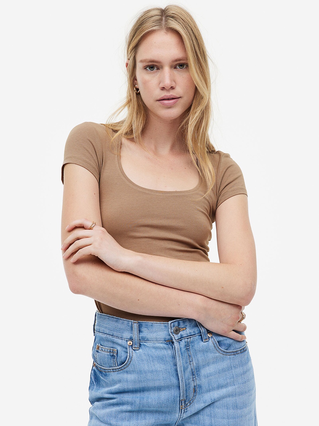 

H&M Women Scoop-Neck T-shirt, Beige