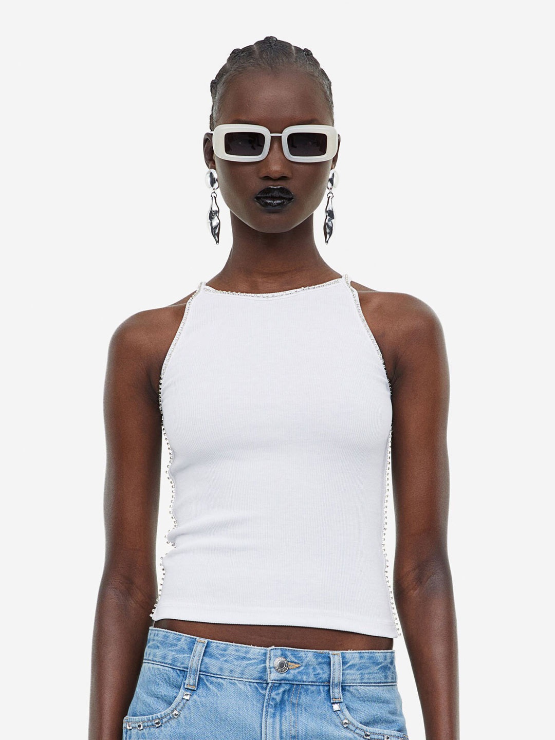 

H&M Rhinestone-Trimmed Vest Top, White