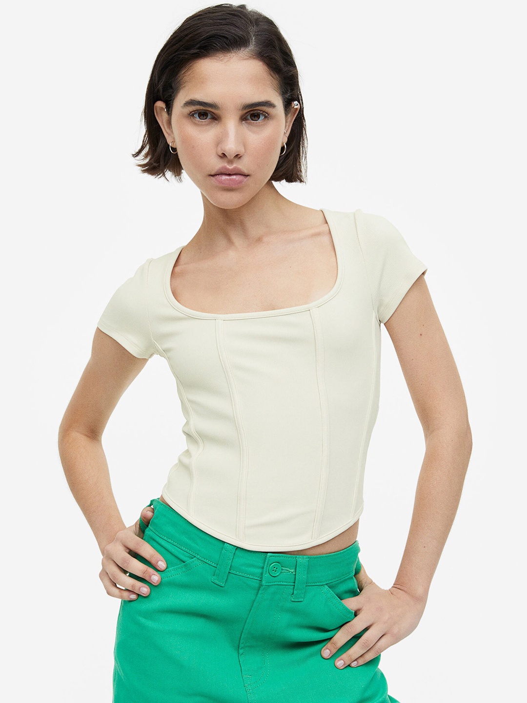 

H&M Women Corset-Style Ribbed Top, Beige