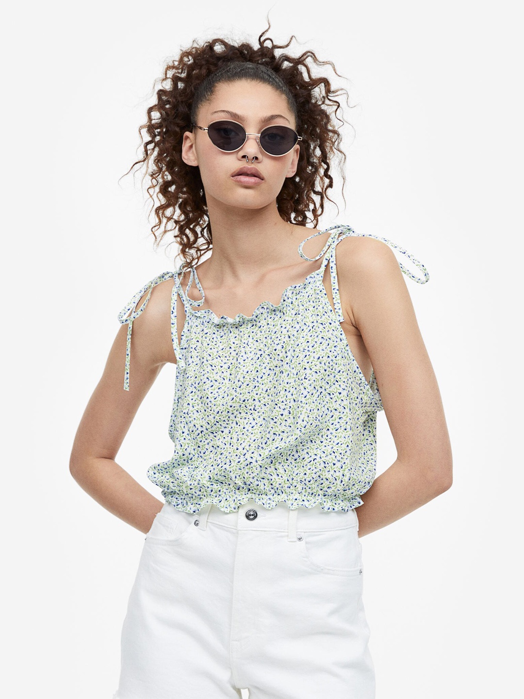 

H&M Tie-Strap Frill-Trimmed Top, White