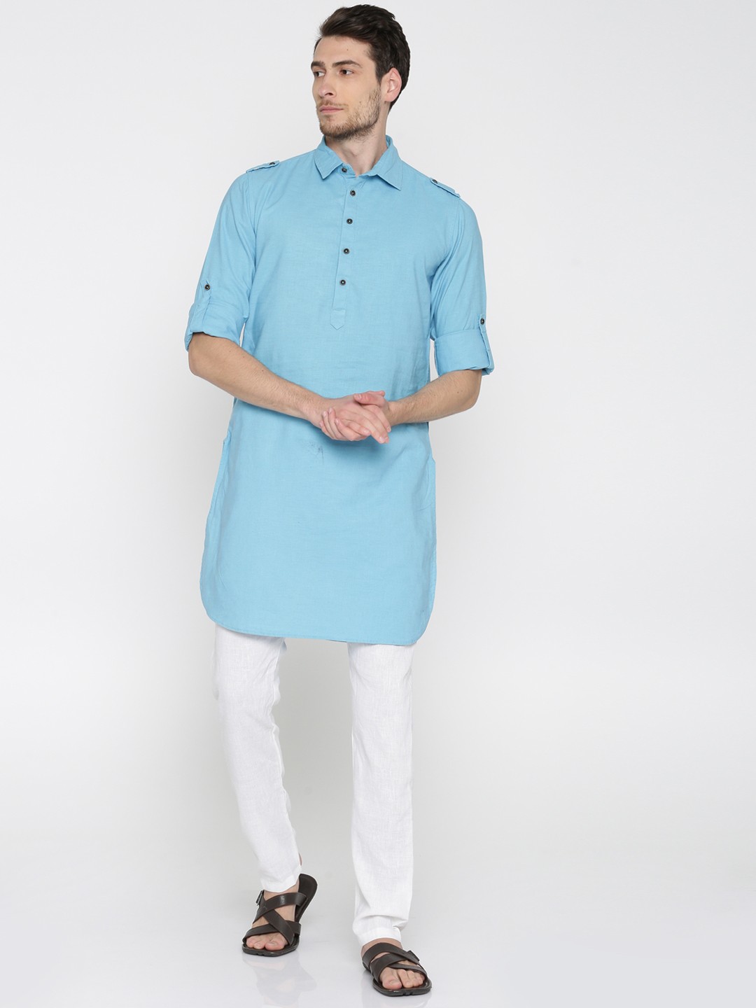 

Freehand Men Blue & White Solid Kurta with Pyjamas