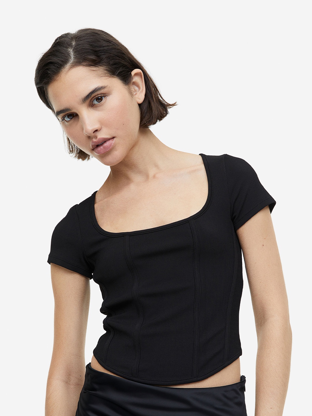 

H&M Corset-Style Ribbed Top, Black