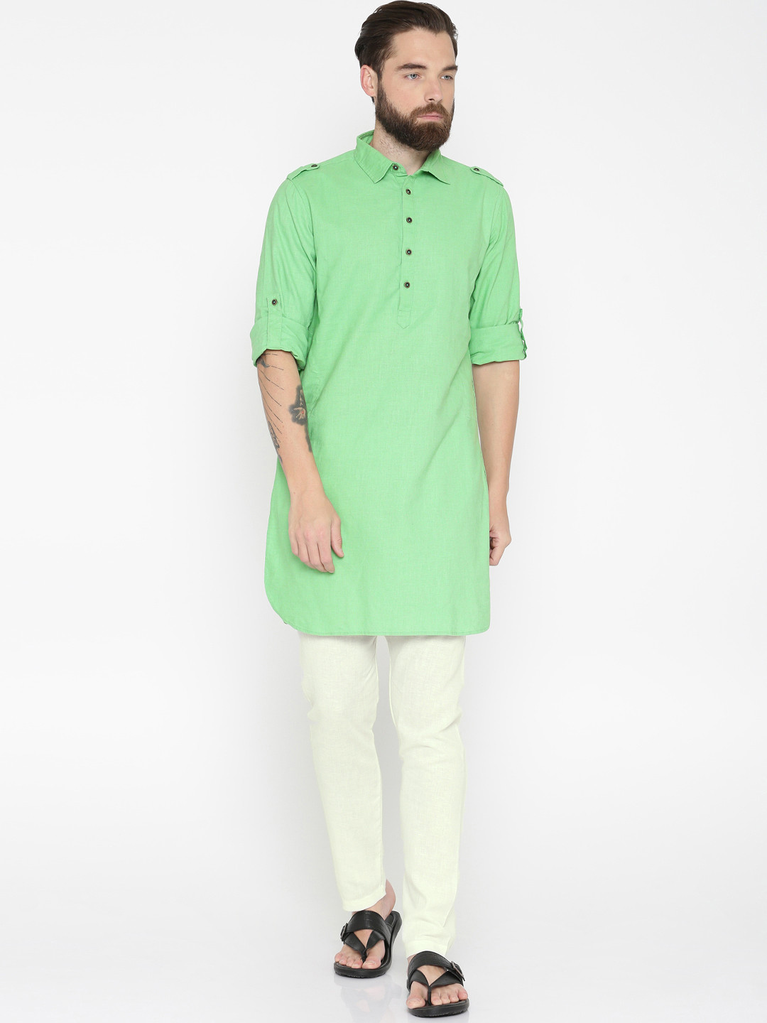 

Freehand Men Green & Off-White Solid Kurta with Pyjamas