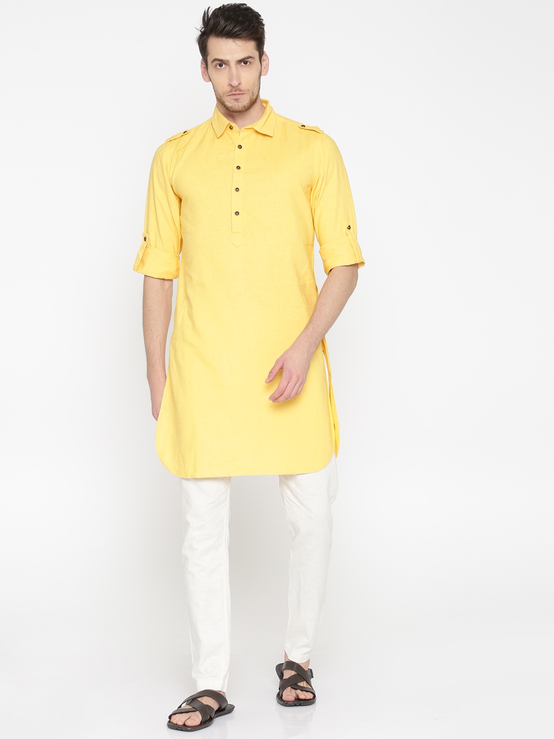 

Freehand Men Yellow & Off-White Solid Kurta with Pyjamas