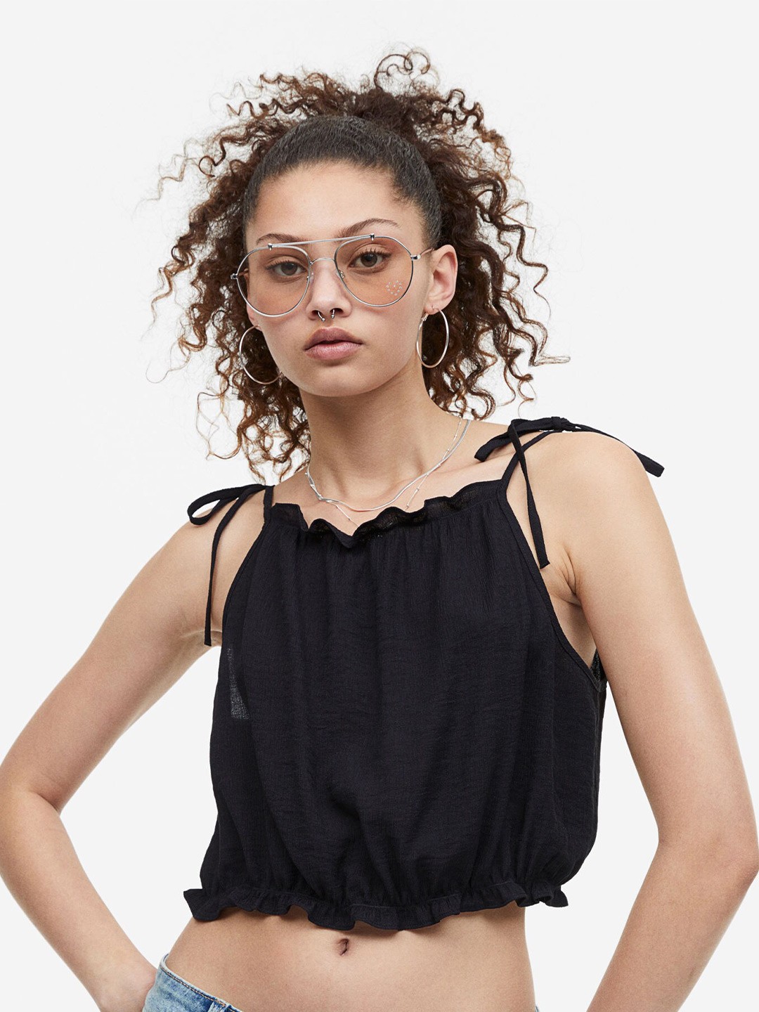 

H&M Tie-Strap Frill-Trimmed Top, Black