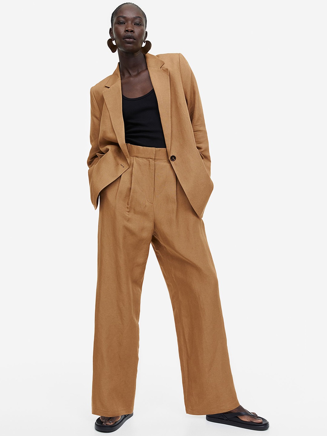 

H&M Women Wide Linen-Blend Trousers, Brown