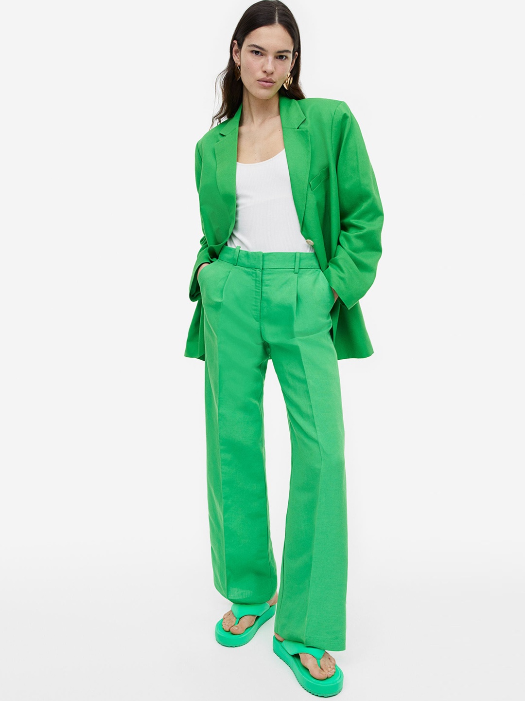 

H&M Women Wide Linen-Blend Trousers, Green