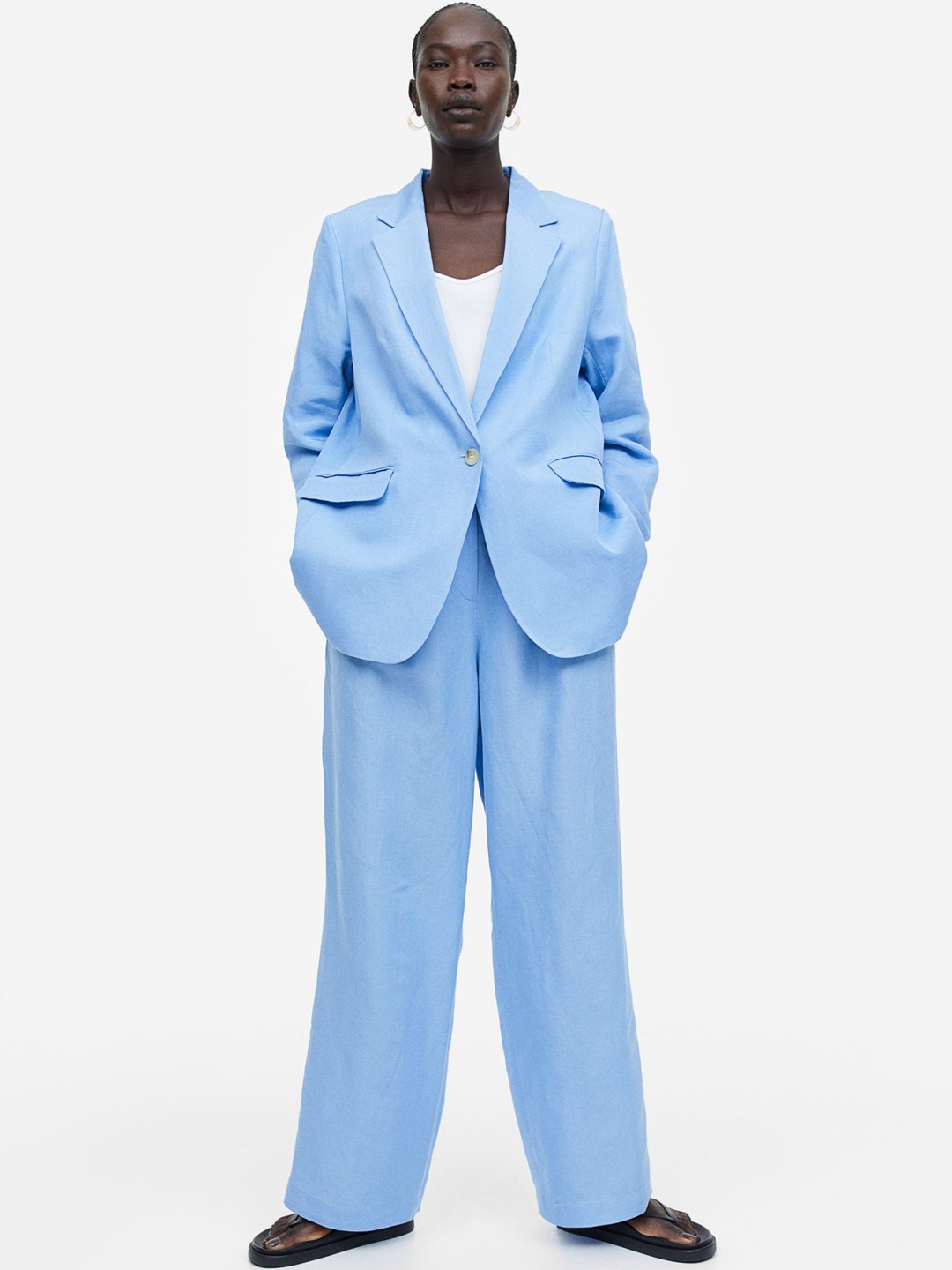 

H&M Women Wide Linen-Blend Trousers, Turquoise blue