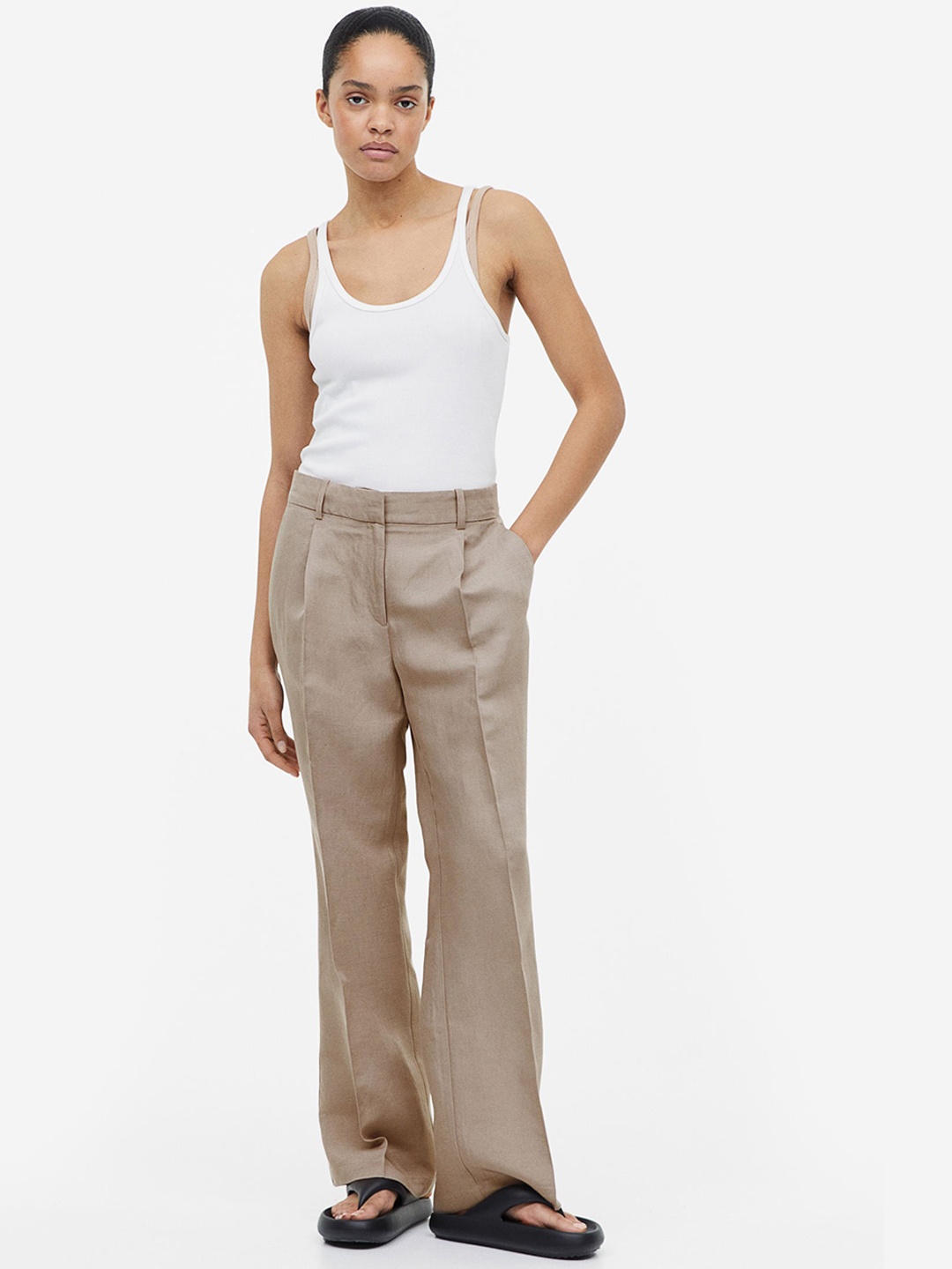 

H&M Women Wide Linen-Blend Trousers, Beige