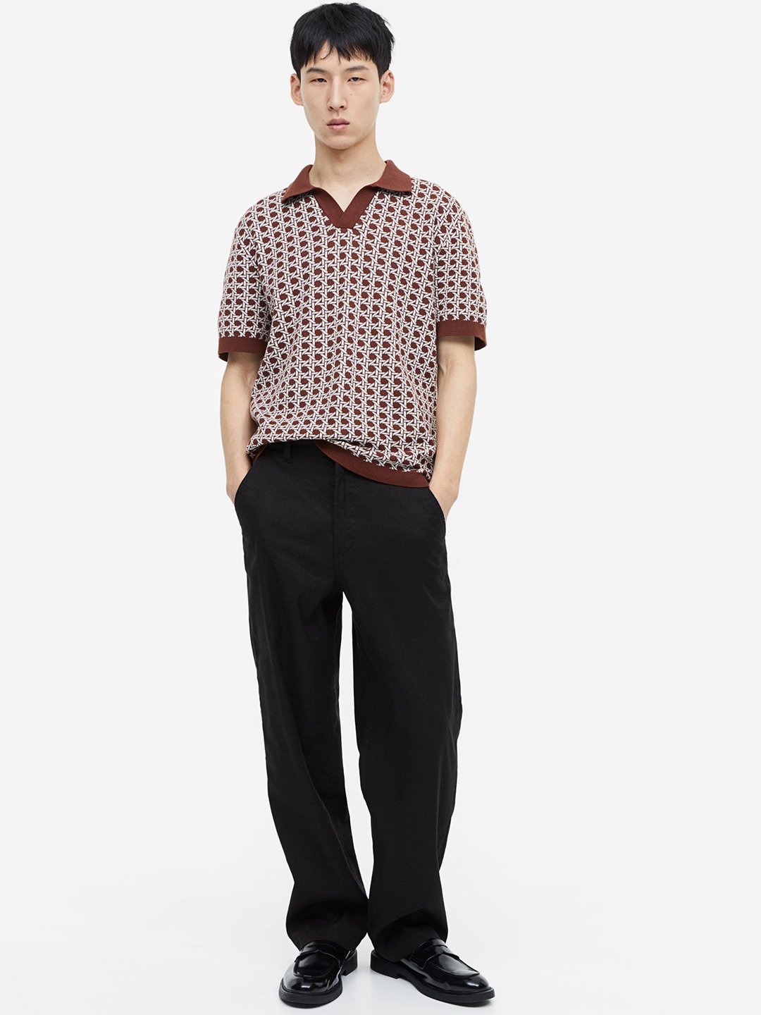 

H&M Men Relaxed Fit Linen-Blend Trousers, Black
