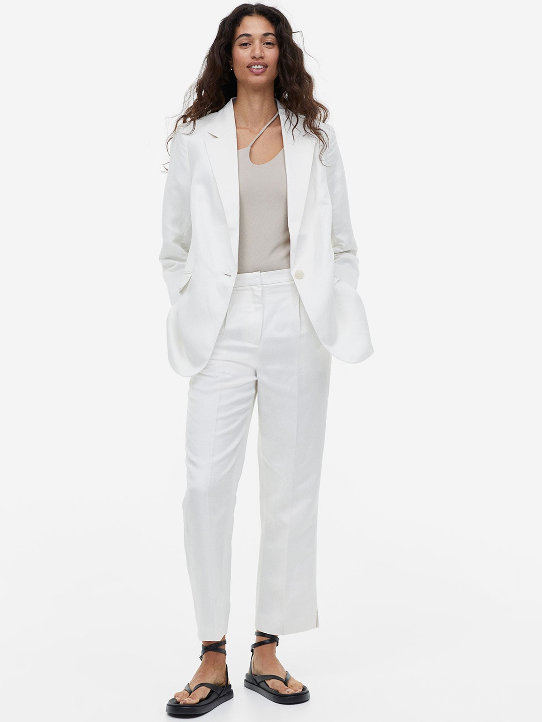 

H&M Women Linen-Blend Tailored Trousers, White