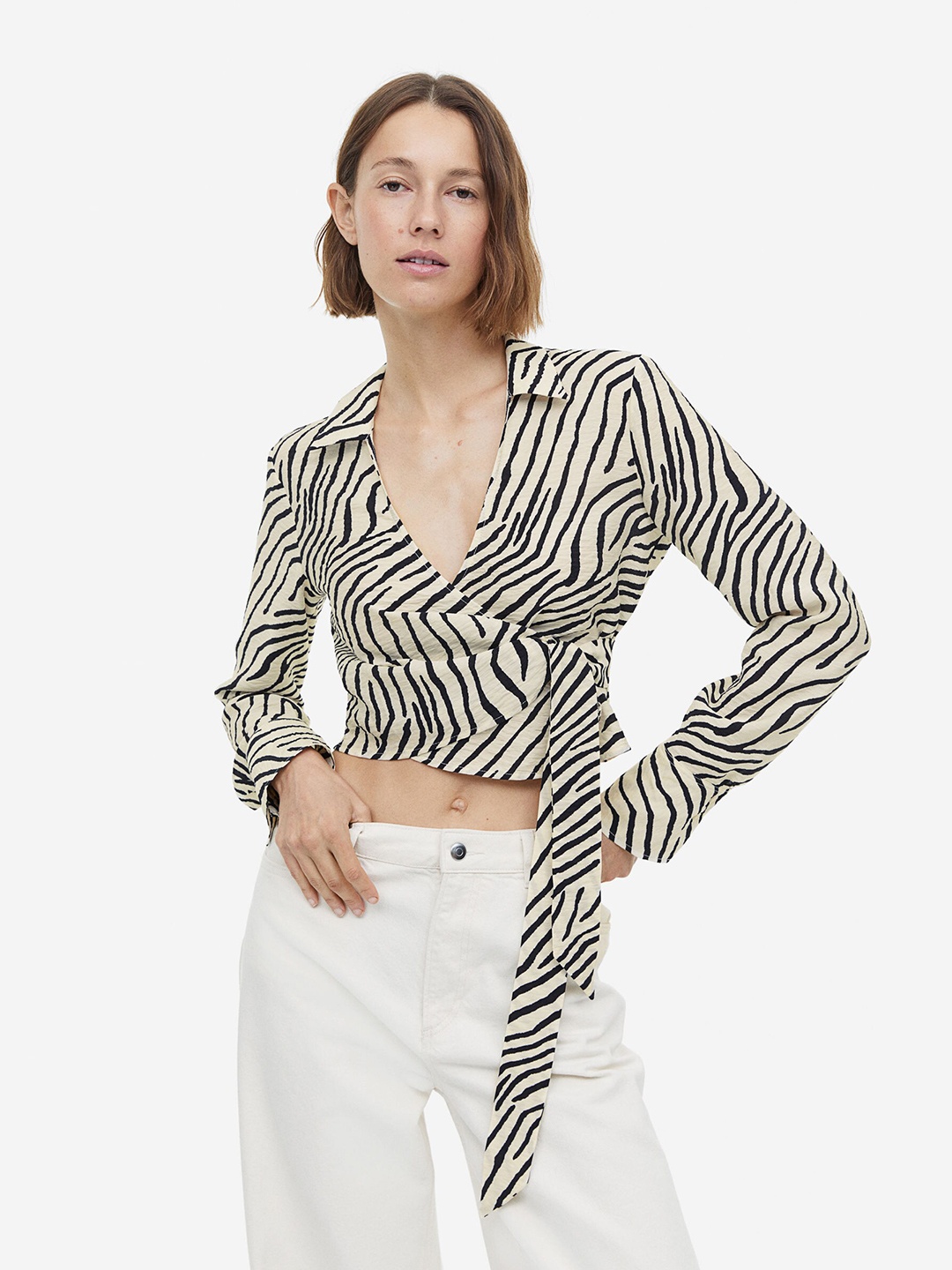 

H&M Women Cropped Wrapover Blouse, Beige