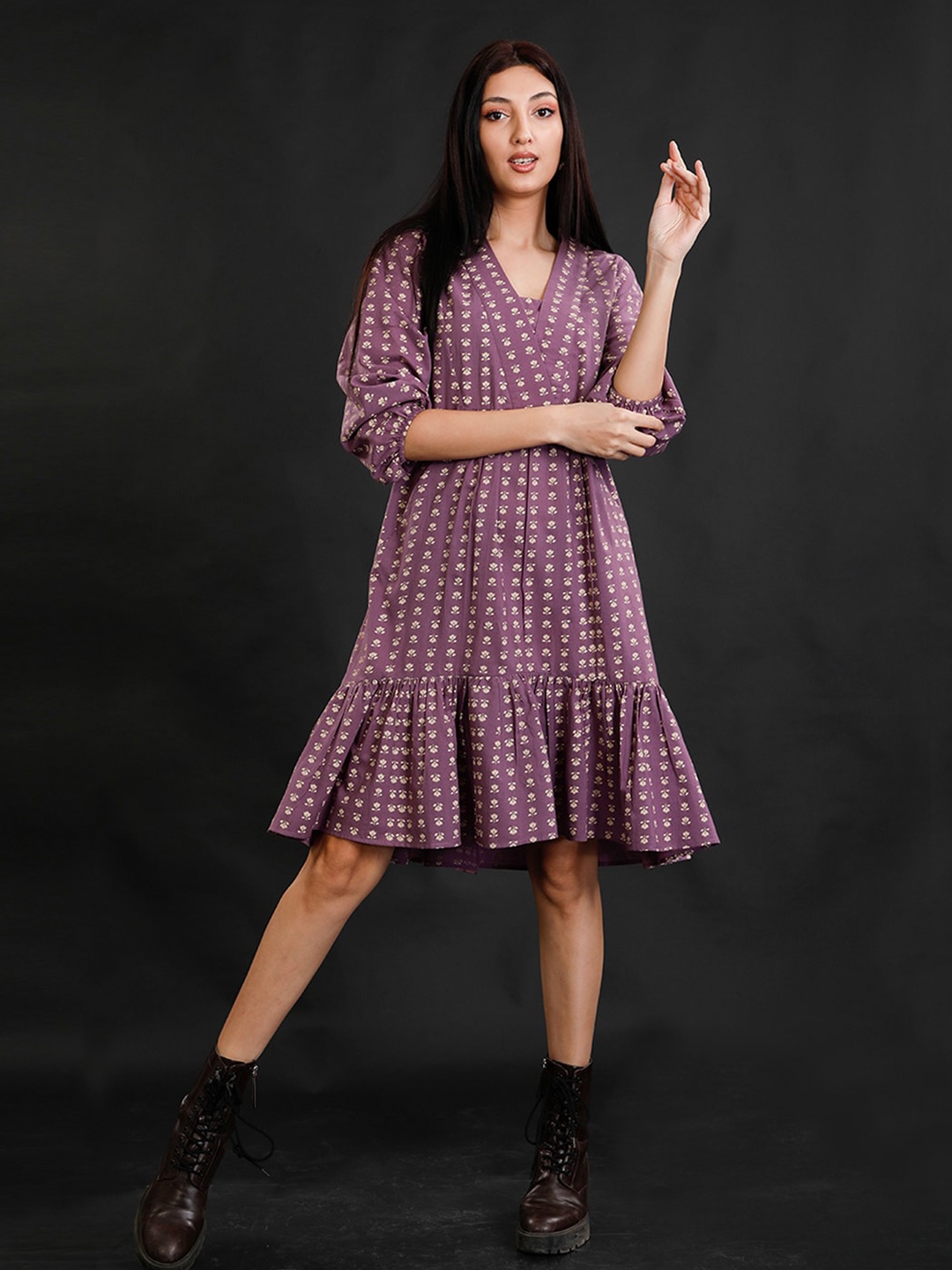 

FABNEST Ethnic Motifs Print A-Line Dress, Purple
