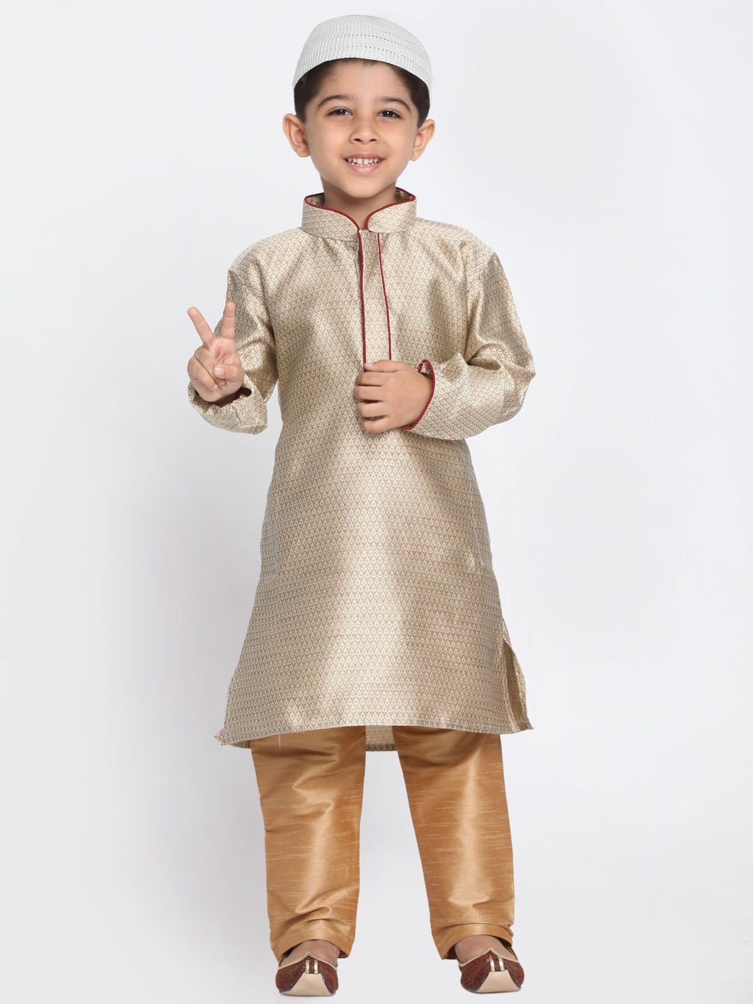 

JBN Creation Boys Woven Design Mandarin Collar Kurta With Pyjamas, Beige