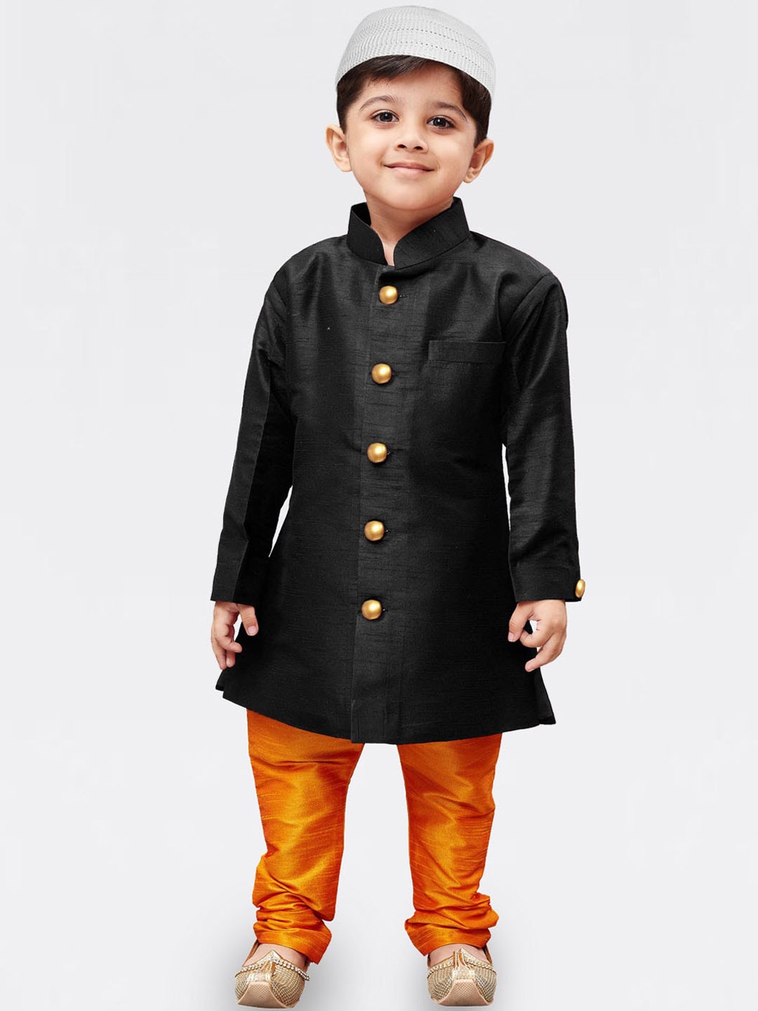 

JBN Creation Boys Mandarin Collar Sherwani & Dhoti With Cap, Black