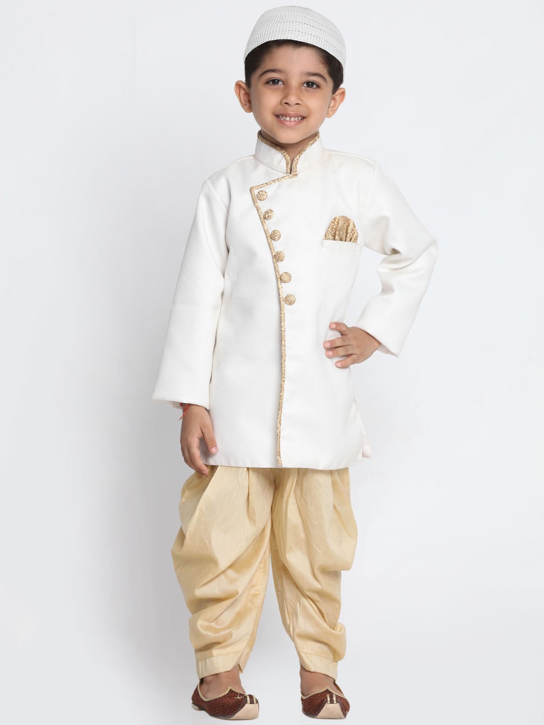 

JBN Creation Boys Mandarin Collar Jute Sherwani & Dhoti Pant With Cap, White
