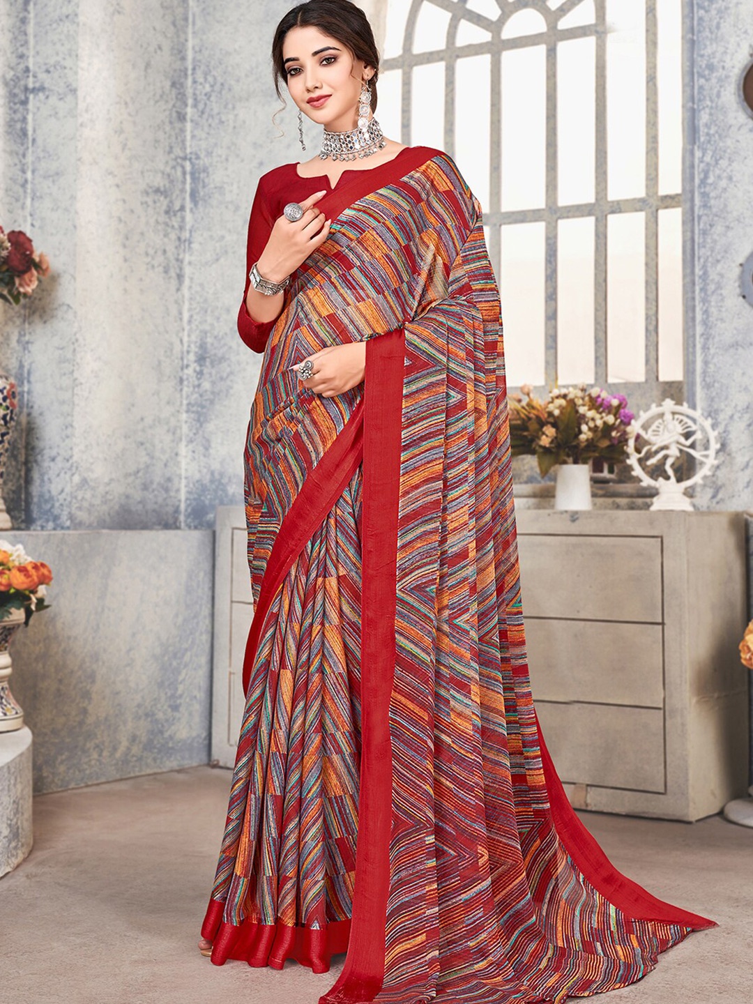 

Satrani Abstract Printed Saree, Red