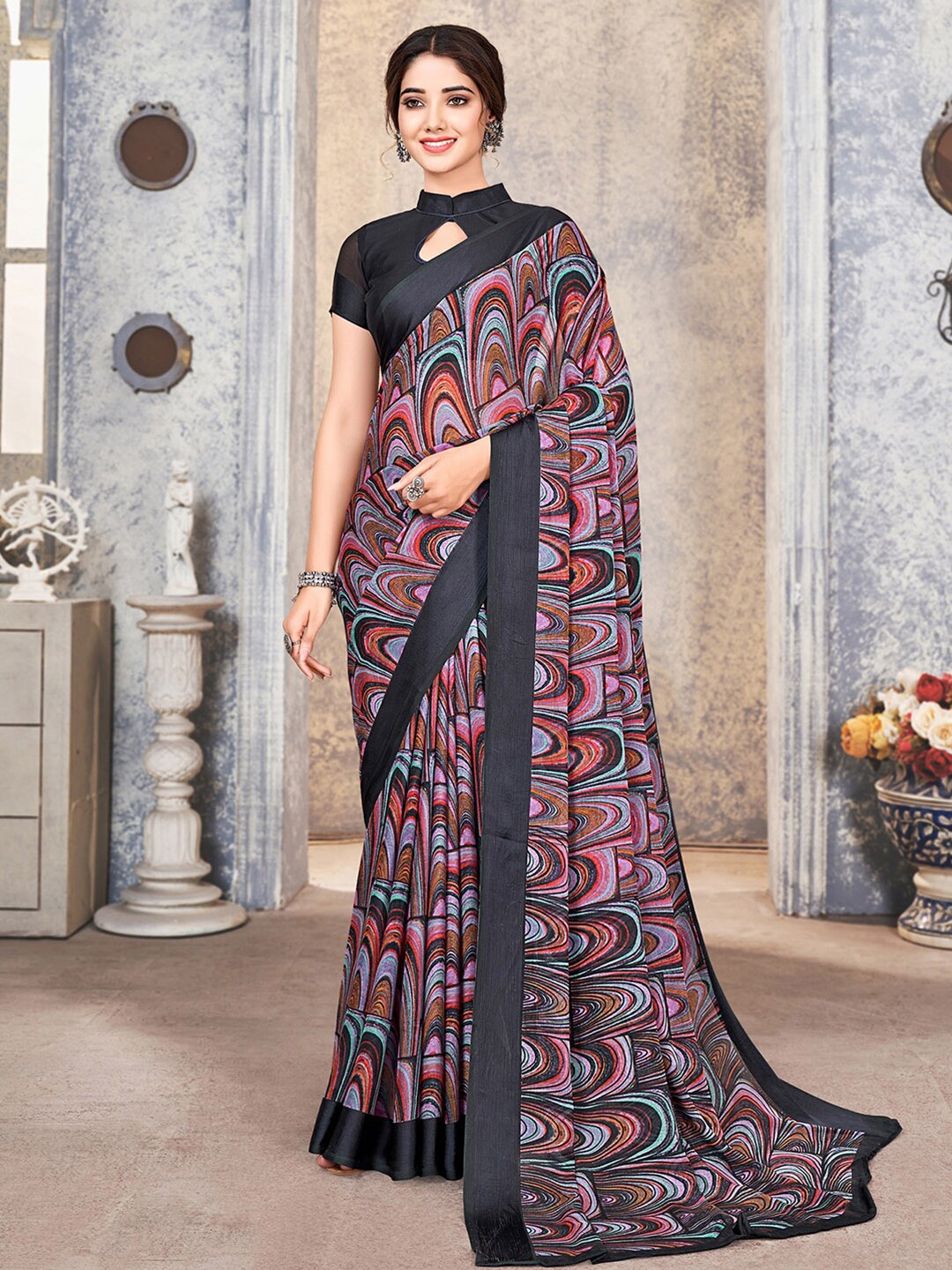 

Satrani Abstract Printed Saree, Pink