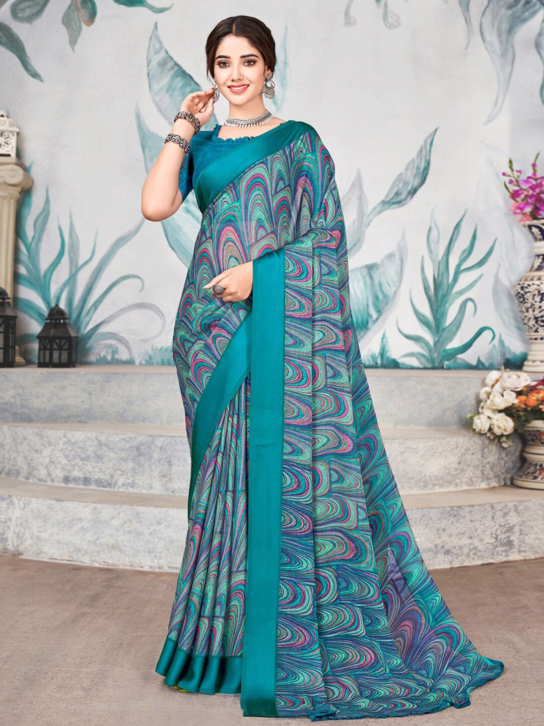

Satrani Abstract Printed Saree, Blue