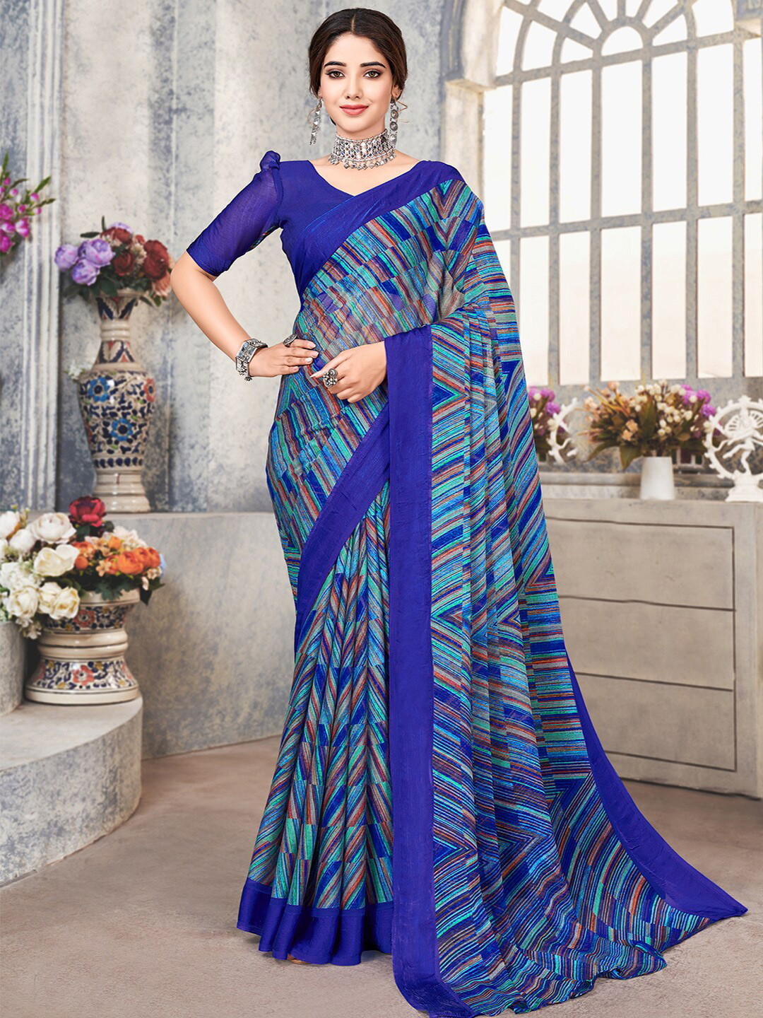 

Satrani Abstract Printed Saree, Blue