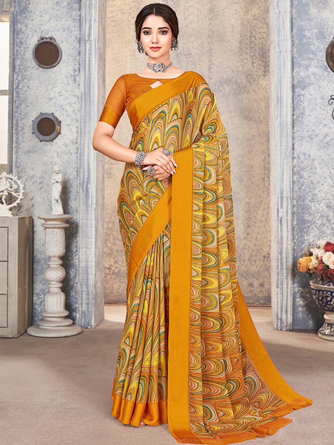 

Satrani Brown & Mustard Abstract Printed Saree
