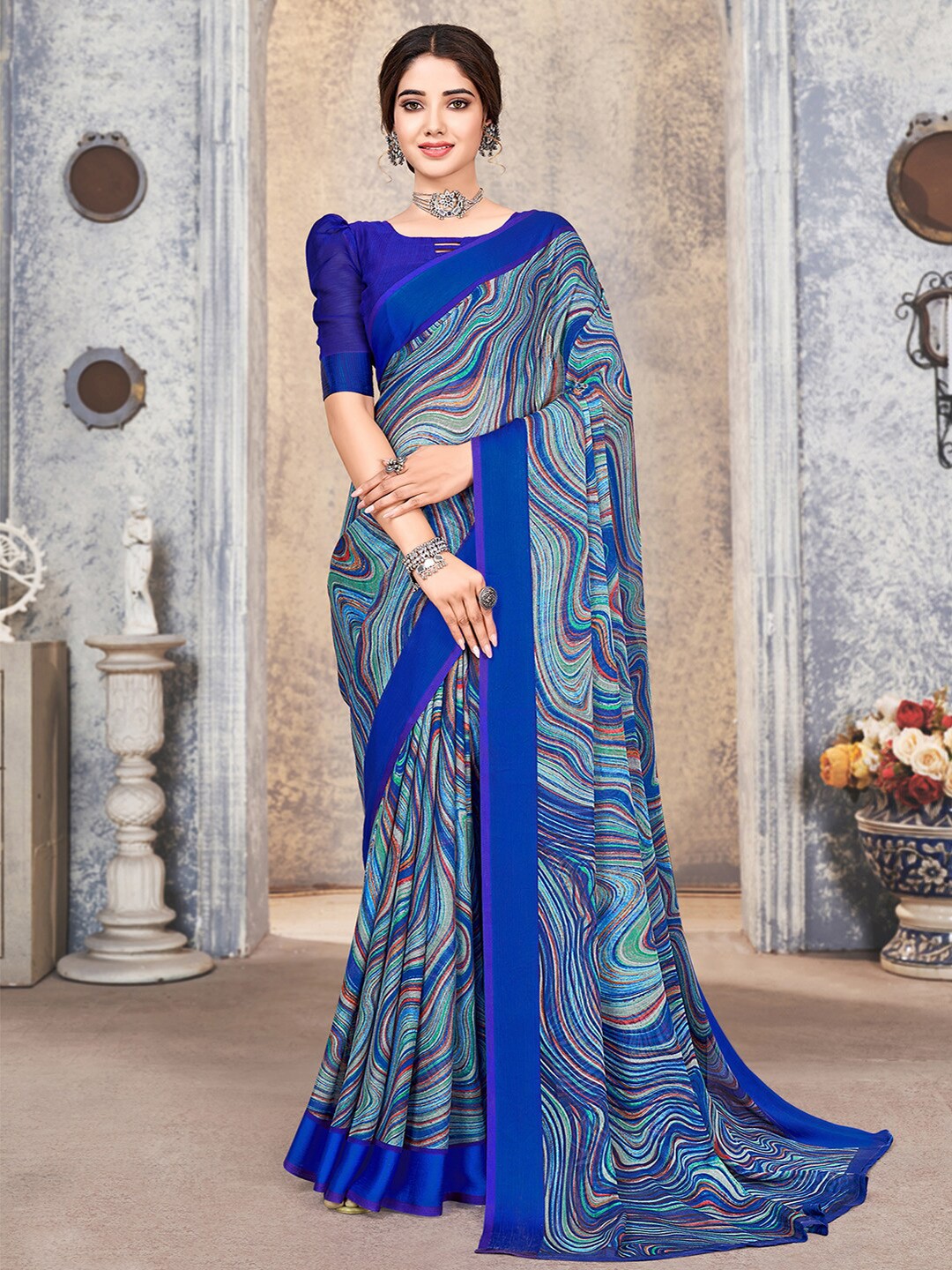 

Satrani Blue & Green Abstract Printed Saree