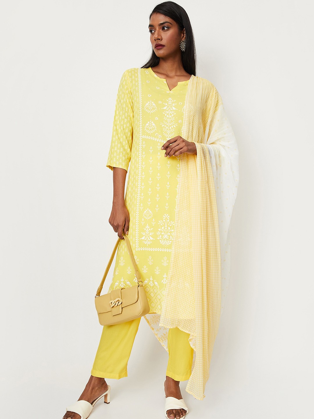 

max Ethnic Motifs Printed Regular Kurta With Trousers & Dupatta, Yellow