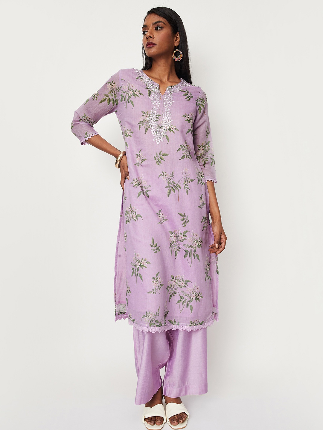 

max Floral Printed Chanderi Cotton Kurta With Palazzos & Dupatta, Purple