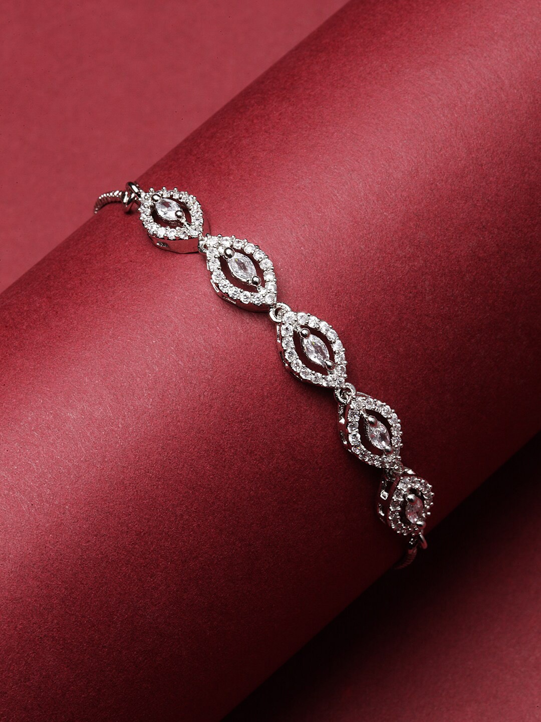

ZENEME Rhodium-Plated American Diamond Studded Link Bracelet, Silver