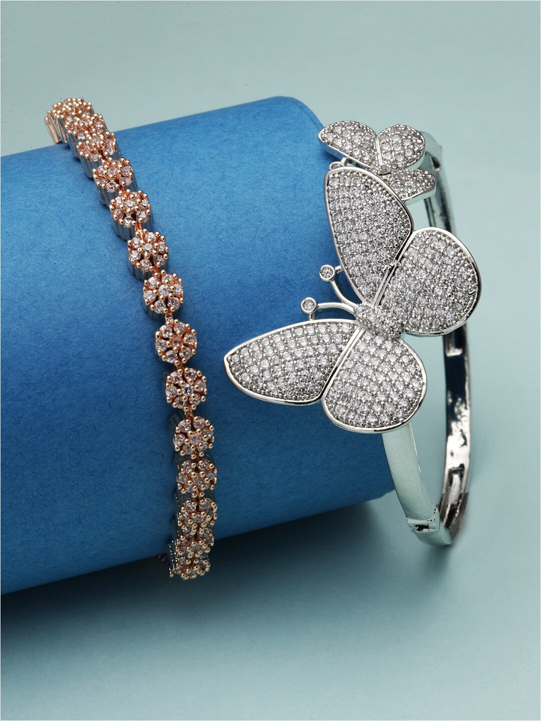 

ZENEME Set Of 2 Rose Gold-Plated American Diamond Link Bracelet