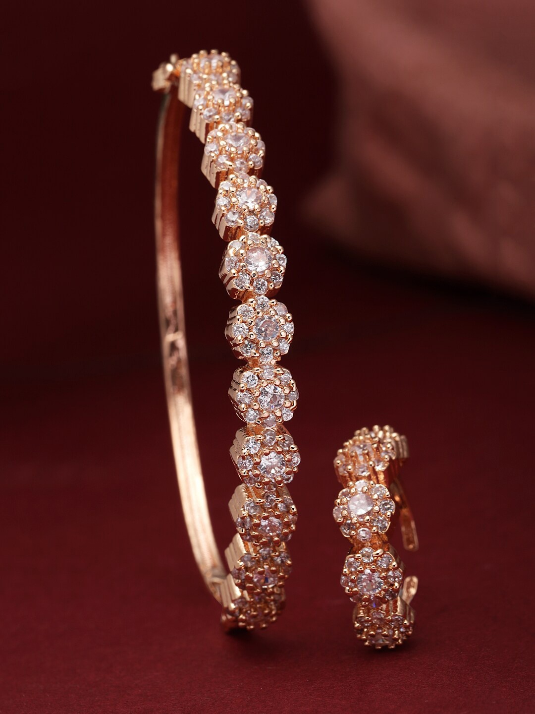 

ZENEME Rose Gold-Plated American Diamond-Studded Bangle-Style Bracelet & Ring