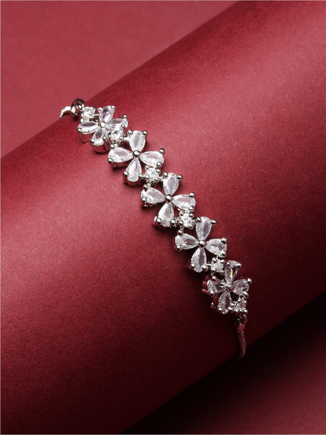 

ZENEME Women Rhodium-Plated American Diamond Link Bracelet, Silver