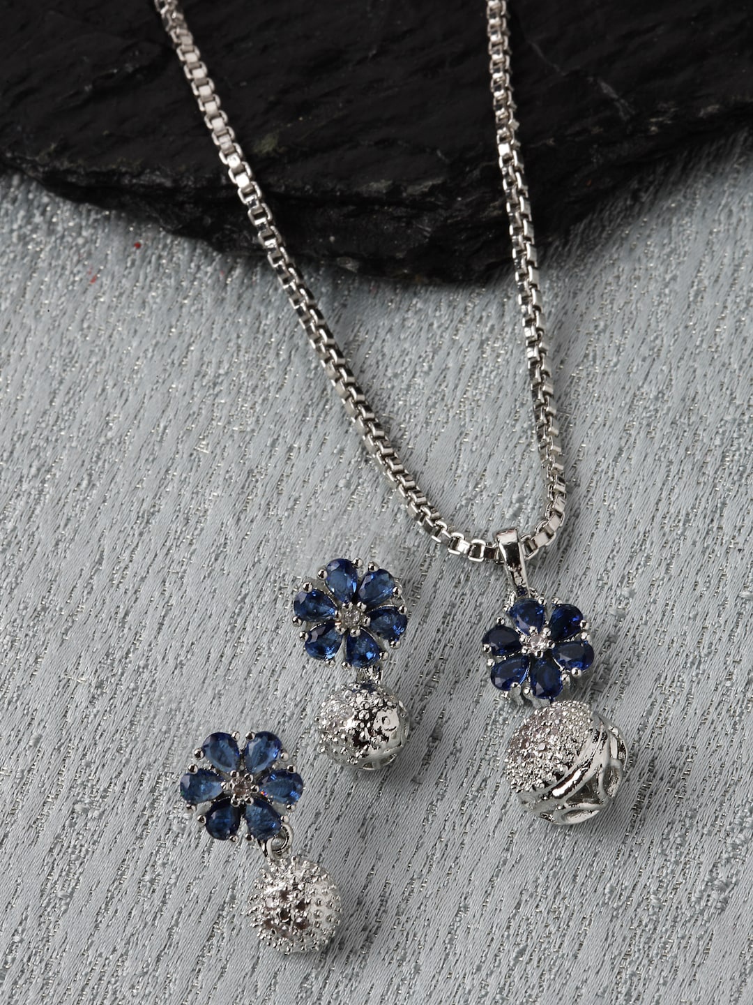 

ZENEME Rhodium-Plated CZ Studded Pendant & Earrings Set, Blue