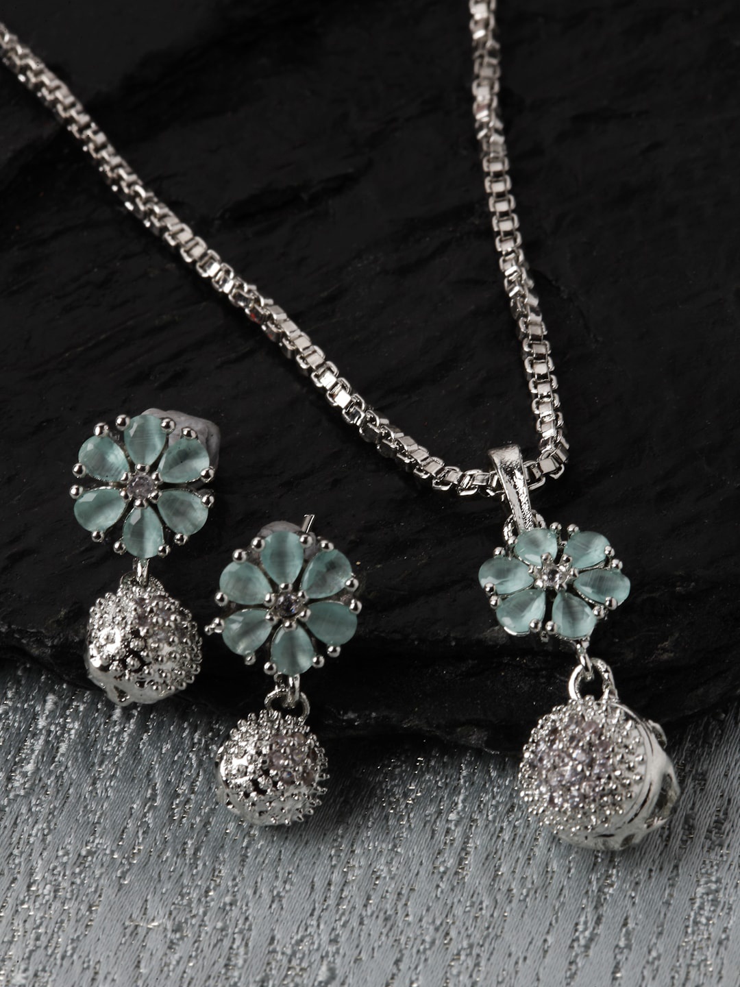 

ZENEME Rhodium-Plated CZ Studded Pendent & Earrings Set, Silver